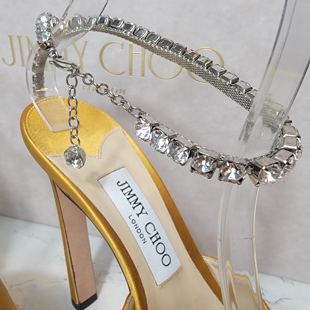 Jimmy Choo Saeda Platform Sandal Yellow Crystal Ankle Strap 37 luxury wedding - Picture 2 of 15